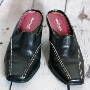 Black Leather Heeled Mules with Contrast Stitching